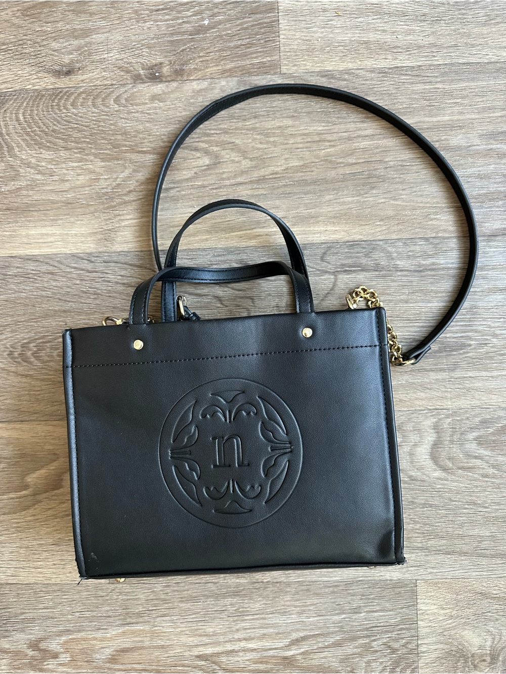 Nanette Lepore Satchel Handbag Black Gold Hardware Rectangular Tote Purse